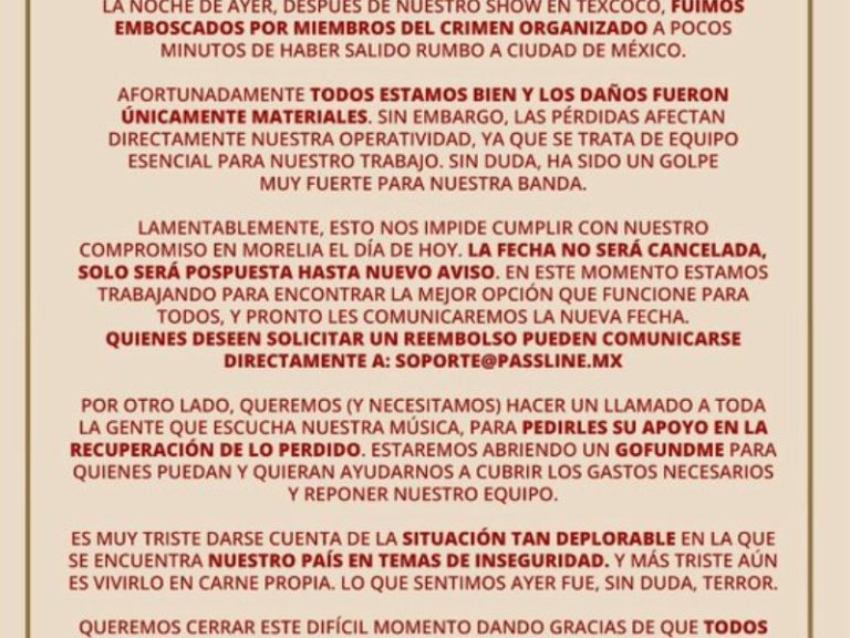 Asaltan a Insite en Edomex; suspenden show y lanzan colecta