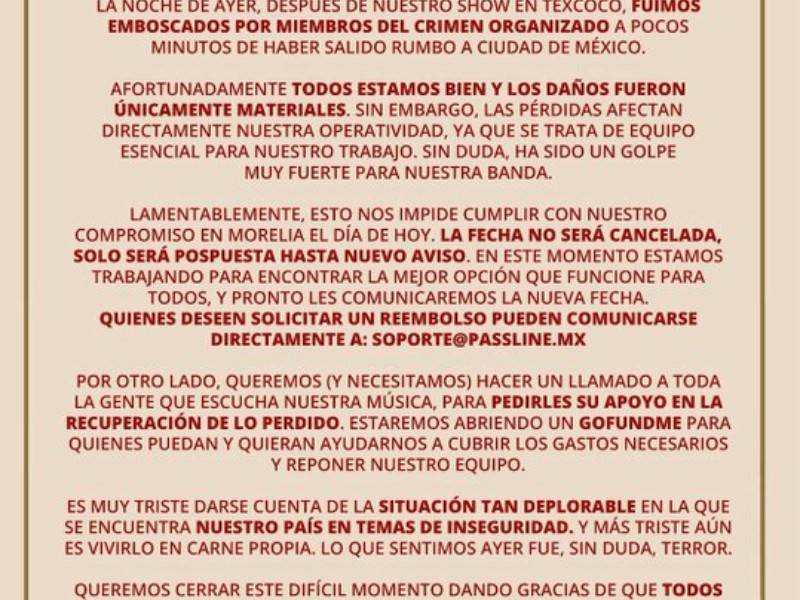 Asaltan a Insite en Edomex; suspenden show y lanzan colecta